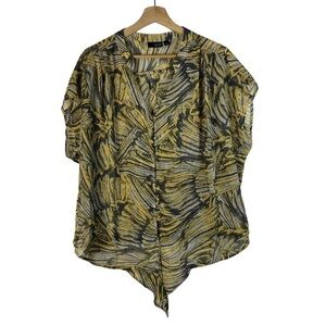 ANA Gray & Yellow Floral Short Sleeve Button Down Blouse XL